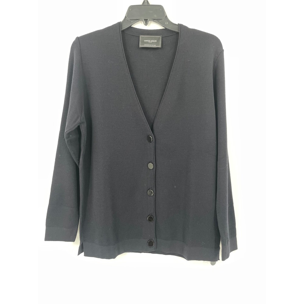 Giorgio Armani Parfums Cardigan Women 38 S/M Blue/Black Wool Blend V-Neck Preppy